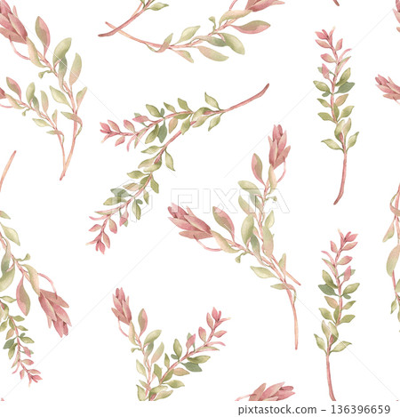 Tropical greenery pink flower seamless pattern watercolor isolated on white. Gentle botanical repeat hand painted for scatter floral background. Plants neutral colors endless design for gift wrap. 136396659