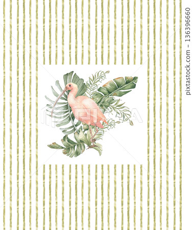 Watercolor pink tropical bird with palm leaves on a striped background. Exotic animal ibis in foliage drawing for postcard design or cover. Jungle plants and bird hand painted isolated white. Watercolor pink tropical bird with palm leaves on a striped background. Exotic animal ibis in foliage drawing for postcard design or cover. Jungle plants and bird hand painted isolated white. 136396660