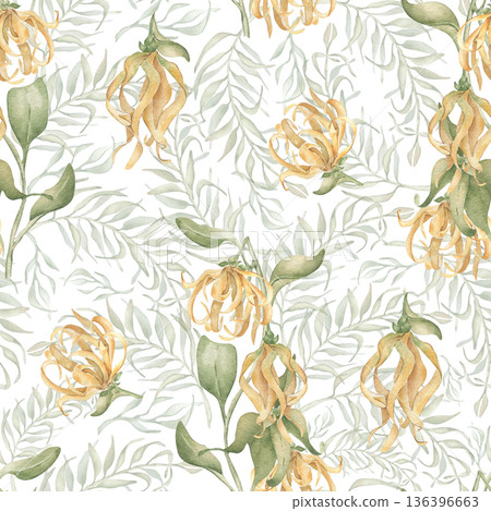 Ylang ylang tropical floral pattern soft colors isolated white. Watercolor exotic flower print hand painted. Seamless summer plant design for textile, fabric, wallpaper. Yellow blooms and palm fronds. 136396663