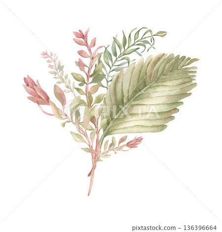 Watercolor tropical arrangement with pink and green leaves isolated white. Botanical drawing palm foliage for wedding invitation or greeting card. Jungle herbarium muted green tones hand drawn sketch. 136396664