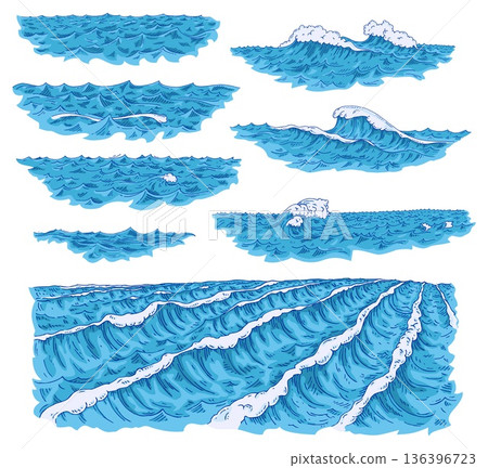 Sea waves. Vintage vector engraving color illustration. Isolated on white 136396723