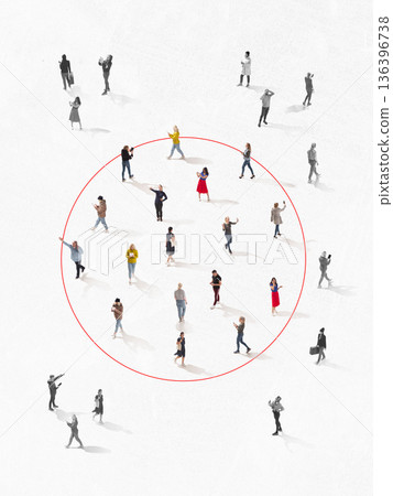 Minimalist poster of people isolated inside circular boundary. Minimalist poster of people isolated inside circular boundary. 136396738