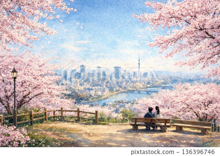 Cherry blossoms in full bloom and cityscape 136396746