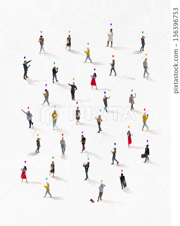 Minimalist composition of diverse people scattered on white surface with colored markers. 136396753