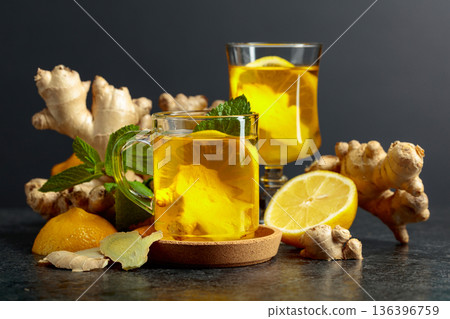Ginger tea with lemon and mint. Ginger tea with lemon and mint. 136396759