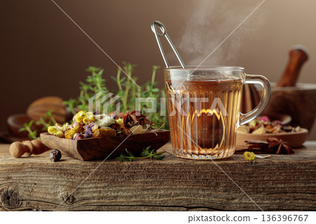 Herbal tea with ingredients on a old wooden table. 136396767