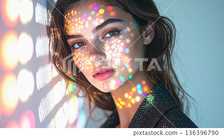 young woman with natural makeup and expressive eyes against colorful bokeh background. Beauty and fashion concept with soft lighting, modern style, elegance and confidence mood young woman with natural makeup and expressive eyes against colorful bokeh background. Beauty and fashion concept with soft lighting, modern style, elegance and confidence mood 136396790