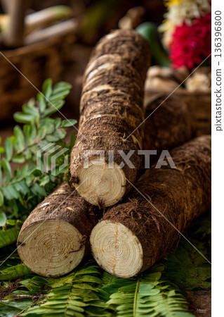 A close-up of Fijian "Dalo" (taro root), sliced and ready for cooking, a staple starch in the local diet, symbolizing basic sustenance. A close-up of Fijian "Dalo" (taro root), sliced and ready for cooking, a staple starch in the local diet, symbolizing basic sustenance. 136396800