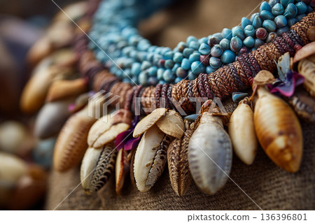 A close-up of Fijian shell jewelry, intricately crafted necklaces and bracelets, showcasing artisanal skill and natural beauty. A close-up of Fijian shell jewelry, intricately crafted necklaces and bracelets, showcasing artisanal skill and natural beauty. 136396801