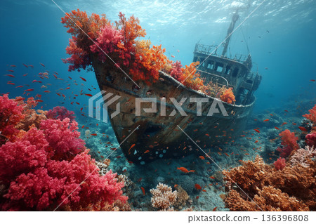 A stunning underwater shot of a shipwreck draped in vibrant coral and teeming with fish, offering historical and ecological interest. 136396808