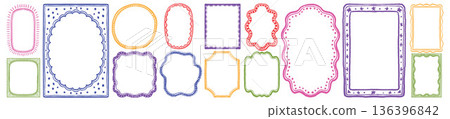 Cute doodle frame set, hand drawn minimal spring border, colorful crayon whimsical empty oval box. Cute doodle frame set, hand drawn minimal spring border, colorful crayon whimsical empty oval box. 136396842