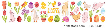 Spring Easter doodle illustration, holiday seasonal cute sticker, cartoon egg hunt happy bunny print Spring Easter doodle illustration, holiday seasonal cute sticker, cartoon egg hunt happy bunny print 136396846