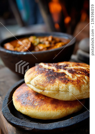 A close-up of Comorian cassava bread (mkate wa muhogo), freshly baked and steaming, served with a savory fish stew. A close-up of Comorian cassava bread (mkate wa muhogo), freshly baked and steaming, served with a savory fish stew. 136396859