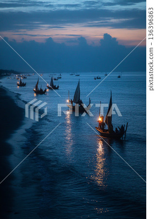 The serene scene of Comorian artisanal fishing boats returning to shore at dusk, their lights twinkling on the horizon. The serene scene of Comorian artisanal fishing boats returning to shore at dusk, their lights twinkling on the horizon. 136396863