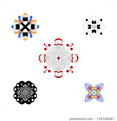 Colorful geometric mandala patterns with symmetrical shapes, Educational art design for preschool and elementary learning, creativity development, visual balance and pattern recognition activities 136396867