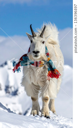 A mountain goat stands on a snowy peak wearing a colorful knitted scarf that is blowing wildly. A mountain goat stands on a snowy peak wearing a colorful knitted scarf that is blowing wildly. 136396897