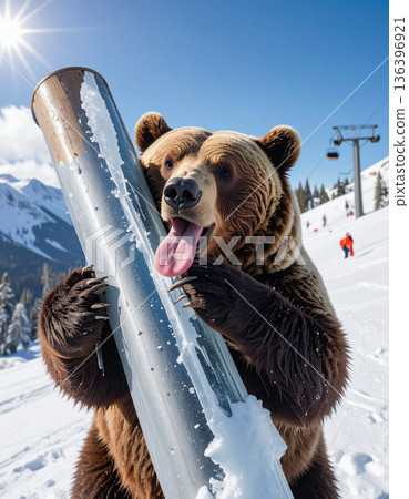 A curious grizzly bear gets its tongue stuck to a frozen metal pole near a ski lift. 136396921