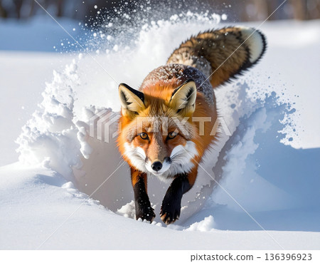 A fox dives headfirst into deep snow but only its back legs remain sticking straight up. 136396923