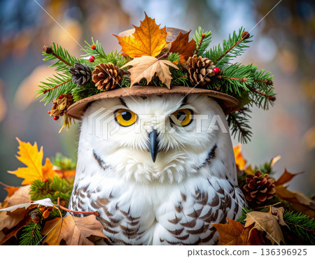 A grumpy snowy owl wears a funny makeshift hat made from dried leaves and pine branches. 136396925