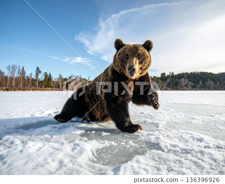 A large brown bear looks surprised while comically slipping backward on a patch of frozen pond ice. A large brown bear looks surprised while comically slipping backward on a patch of frozen pond ice. 136396926