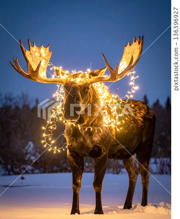A large bull moose stands looking embarrassed with Christmas lights tangled messily in its massive antlers. A large bull moose stands looking embarrassed with Christmas lights tangled messily in its massive antlers. 136396927
