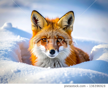 A red fox is humorously stuck headfirst in a deep snowdrift with only its fluffy tail visible. A red fox is humorously stuck headfirst in a deep snowdrift with only its fluffy tail visible. 136396928