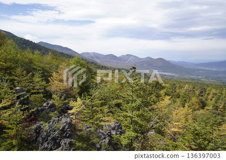 Mount Asama, Gunma Prefecture. View of the Oni no Oshidashi lava from the high ground of the Skyrock Trail. October 18, 2025. Mount Asama, Gunma Prefecture. View of the Oni no Oshidashi lava from the high ground of the Skyrock Trail. October 18, 2025. 136397003