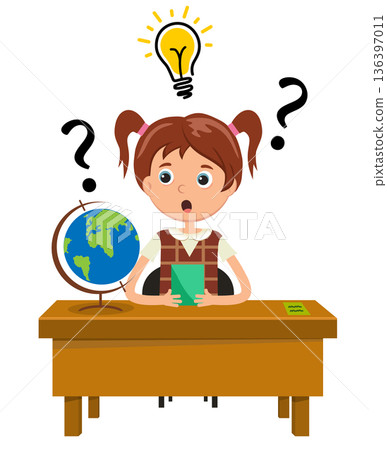 Geography girl looking at the question. The geography girl thinks and answers. And she has an idea. Vector illustration in a flat style. Geography girl looking at the question. The geography girl thinks and answers. And she has an idea. Vector illustration in a flat style. 136397011