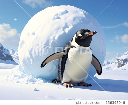 A clumsy penguin is comically flattened underneath a giant snowball that it was trying to push. A clumsy penguin is comically flattened underneath a giant snowball that it was trying to push. 136397046