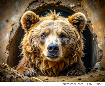A very groggy bear with messy fur pokes its head out of a den looking extremely grumpy. A very groggy bear with messy fur pokes its head out of a den looking extremely grumpy. 136397050