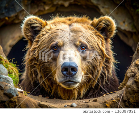 A very groggy bear with messy fur pokes its head out of a den looking extremely grumpy. A very groggy bear with messy fur pokes its head out of a den looking extremely grumpy. 136397051