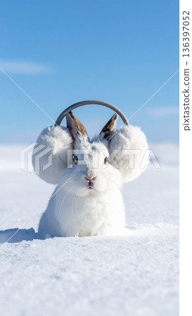 A white rabbit sits in deep snow wearing two smaller rabbits on its head as makeshift earmuffs. A white rabbit sits in deep snow wearing two smaller rabbits on its head as makeshift earmuffs. 136397052