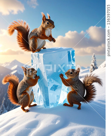 Two squirrels are comically trying to push a giant acorn shaped block of ice up a hill. Two squirrels are comically trying to push a giant acorn shaped block of ice up a hill. 136397055