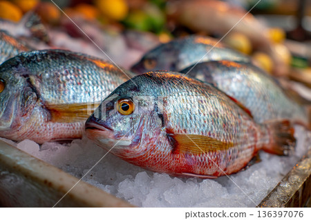A close-up of freshly caught Malawian Chambo fish, glistening on ice at a bustling lakeside market, emphasizing local cuisine. 136397076