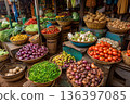 A vibrant Malawian market stall overflowing with fresh vegetables, including tomatoes, onions, and greens, displaying agricultural richness. 136397085