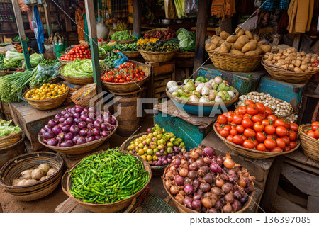 A vibrant Malawian market stall overflowing with fresh vegetables, including tomatoes, onions, and greens, displaying agricultural richness. 136397085