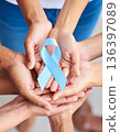 A diverse group of hands holds a diabetes awareness ribbon, symbolizing unity and collective support. 136397089