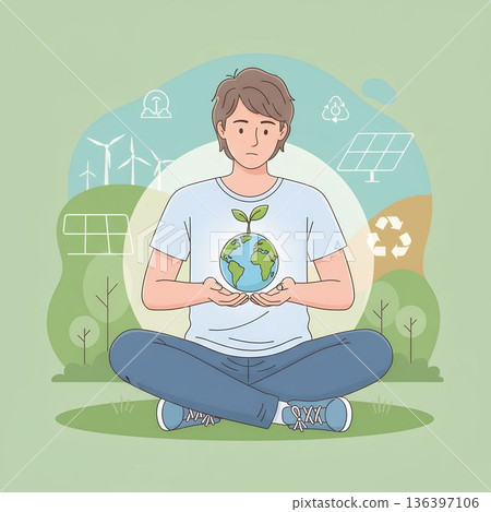 Young man sitting on the grass and protecting the earth. Sustainable future. 136397106
