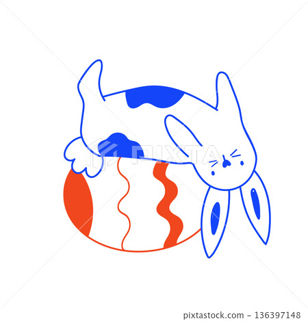 Cute Minimalist Line Art Easter Bunny Playfully Lying on a Large Patterned Egg. 136397148