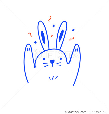 Cute Minimalist Blue Line Art Easter Bunny Illustration with Paws Up and Festive Confetti. 136397152