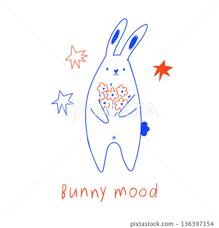 Cute Easter Bunny Character with Colorful Spring Flowers 136397154