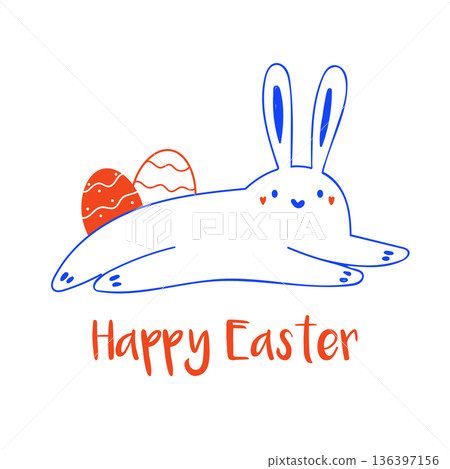 Minimalist Easter Bunny Illustration with Colorful Decorated Eggs and Happy Easter Text 136397156