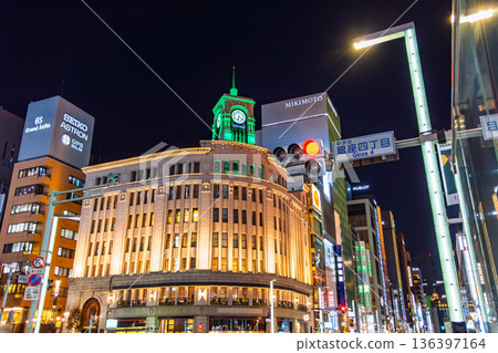 Ginza 4-Chome intersection and the illuminated Wako Clock Tower at night in Chuo Ward, Tokyo Ginza 4-Chome intersection and the illuminated Wako Clock Tower at night in Chuo Ward, Tokyo 136397164