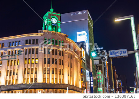 Ginza 4-Chome intersection and the illuminated Wako Clock Tower at night in Chuo Ward, Tokyo Ginza 4-Chome intersection and the illuminated Wako Clock Tower at night in Chuo Ward, Tokyo 136397165