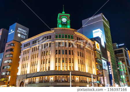 Ginza 4-Chome intersection and the illuminated Wako Clock Tower at night in Chuo Ward, Tokyo Ginza 4-Chome intersection and the illuminated Wako Clock Tower at night in Chuo Ward, Tokyo 136397166