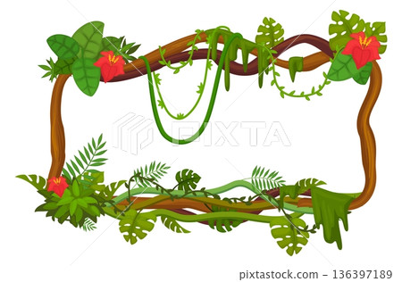 Tropical greenery border. Square wood frame with hanging creepers 136397189