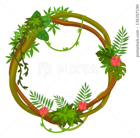 Rainforest wood frame. Round hanging liana border 136397190