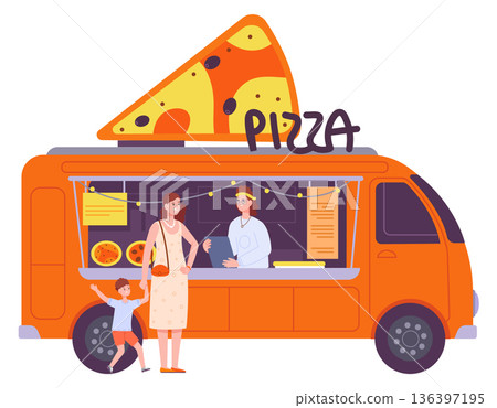 Pizza truck. Street food vendor urban stand Pizza truck. Street food vendor urban stand 136397195
