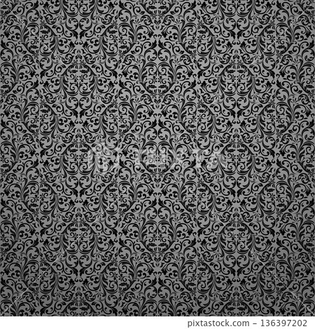 Wallpaper in the style of Baroque. Gray and black floral ornament. Seamless vector background. Graphic pattern for fabric, wallpaper, packaging. Ornate Damask flower illustration 136397202