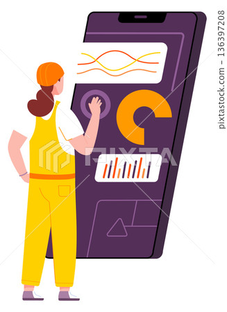 Work automation panel. Industrial worker woman press on screen 136397208